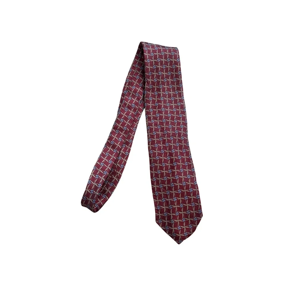 Yves Saint Laurent Mens Silk Tie Burgundy Blue Geometric Floral Made in Japan
